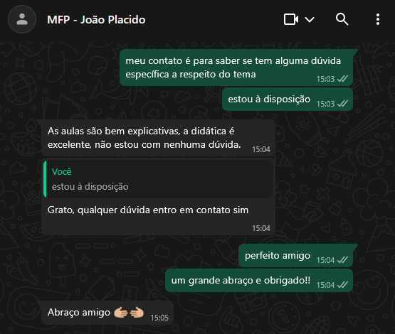 Conversa de WhatsApp em que o aluno afirma que as aulas são bem explicativas e que não ficou com nenhuma dúvida.