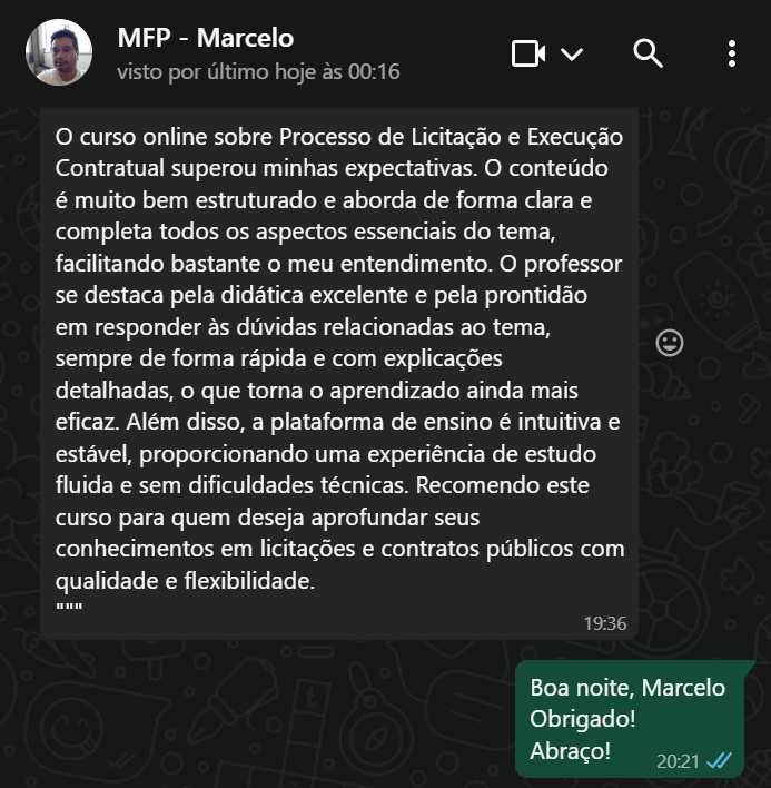 Depoimento em WhatsApp dizendo que o curso superou as expectativas, com didática excelente e plataforma estável.
